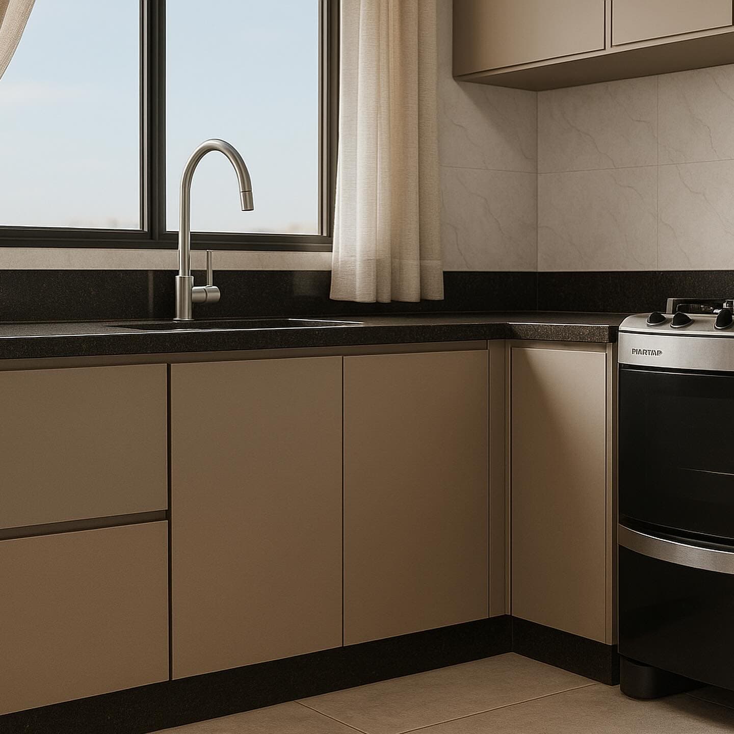 Detalhe da bancada e marcenaria da cozinha compacta